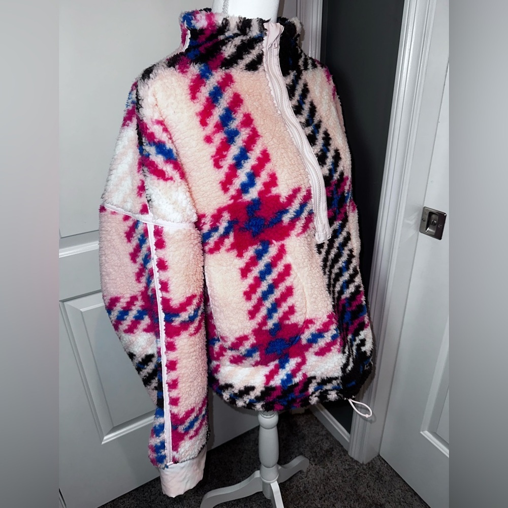 SO XXL Oversized Sherpa Fleece Pullover Plaid Zip High Neck Cozy Jacket - Picture 2 of 11